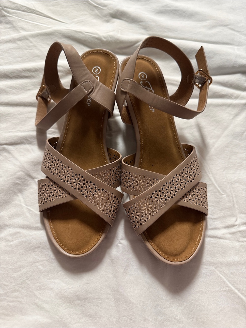Forever 21 Taupe Laser-Cut Crisscross Ankle Strap Sandals